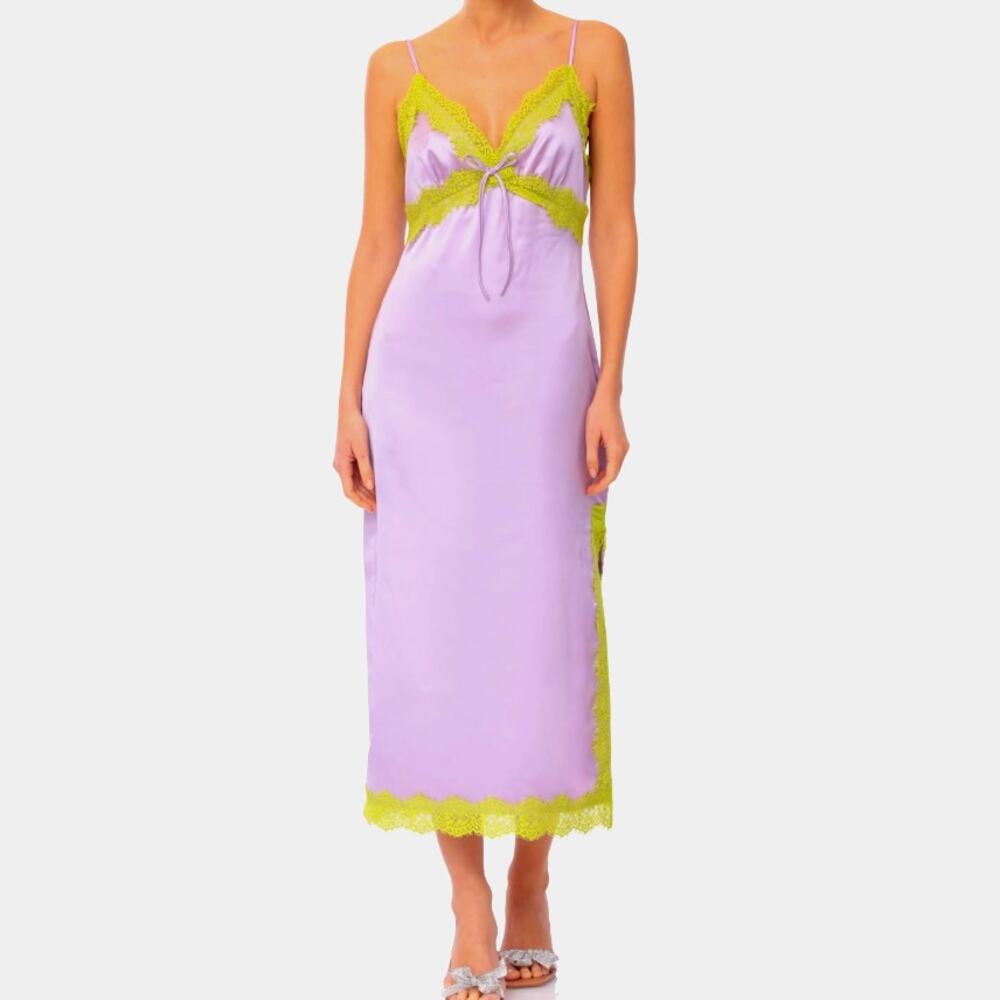 Avec Les Filles Lilac Purple & Yellow Lace Trim Spaghetti Strap Midi Dress Sz 10